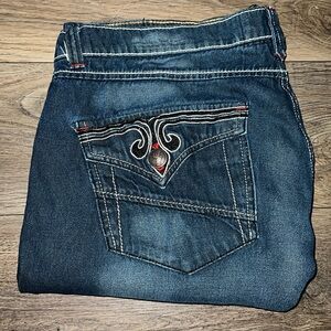 Indigo Mechanics Blue Y2K Distressed‎ Embroidered Flap Pockets Jeans 42x30 RARE